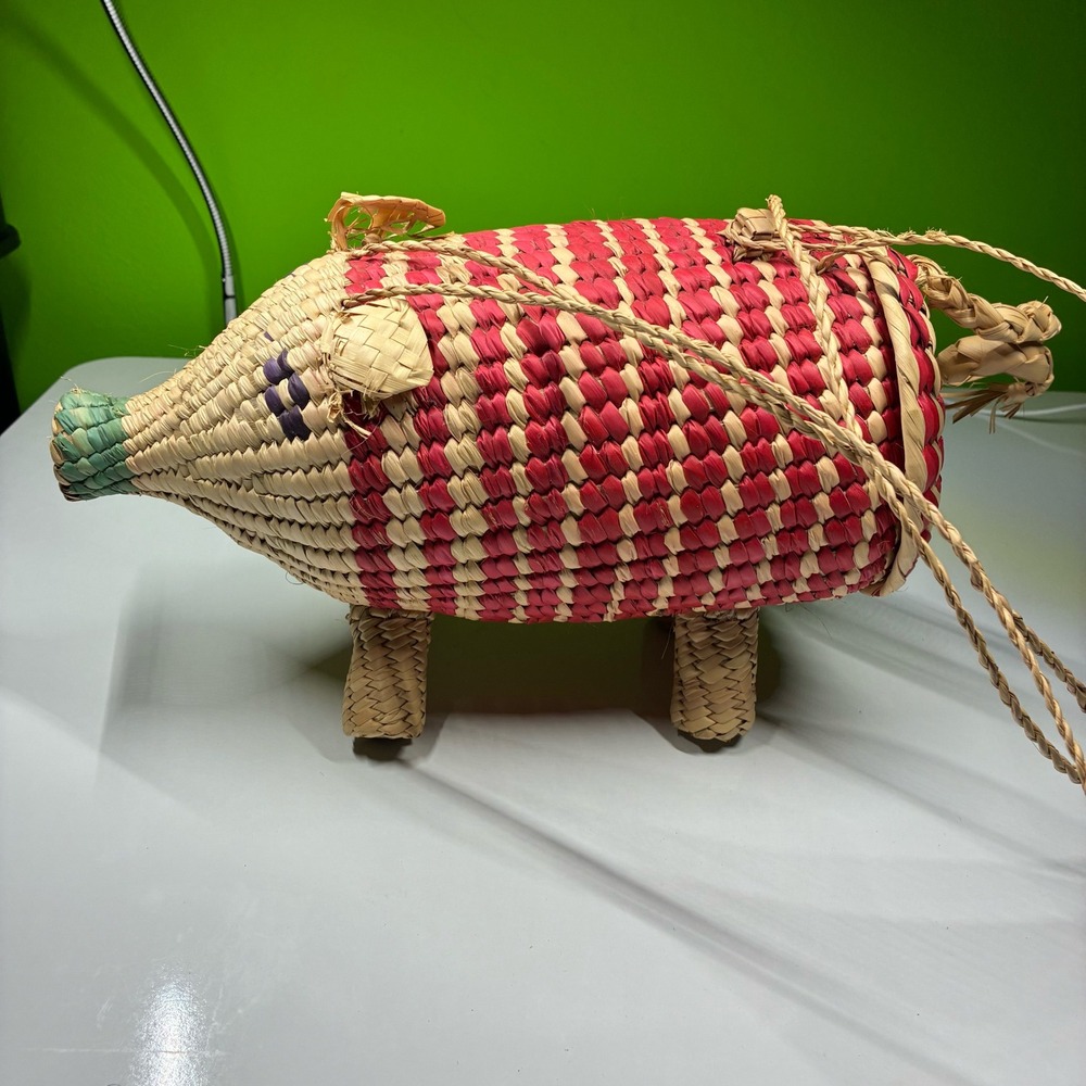 Vintage Hand Woven Straw Pig Basket Red Natural Animal Folk Art Storage with Lid